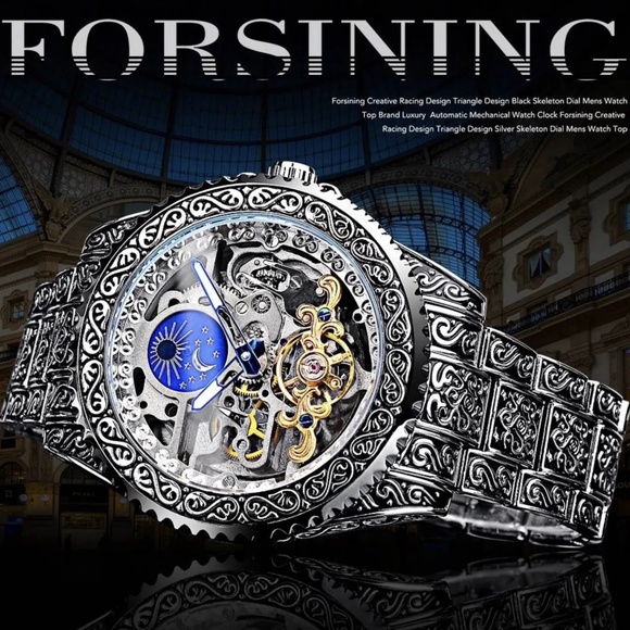 Forsining Skeleton Carved Tourbillon Mechanical Watches Moon Dial Mens Watch - Picture 3 of 11